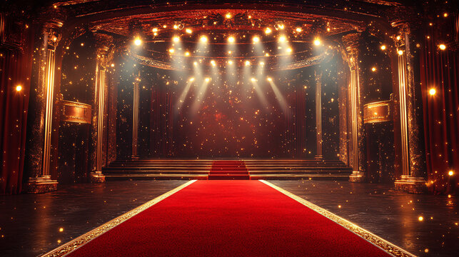 A glamorous theater stage illustration with a red carpet, gold accents, and bright spotlights. This luxurious scene is perfect for showcasing a prestigious event or award ceremony.