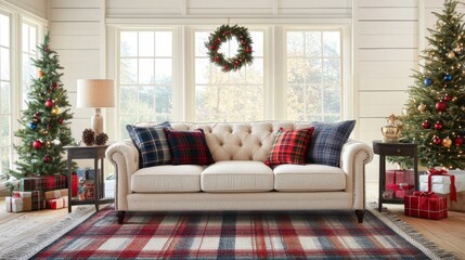 A cozy living room decorated for Christmas with a white couch, two Christmas trees, and a plaid rug.