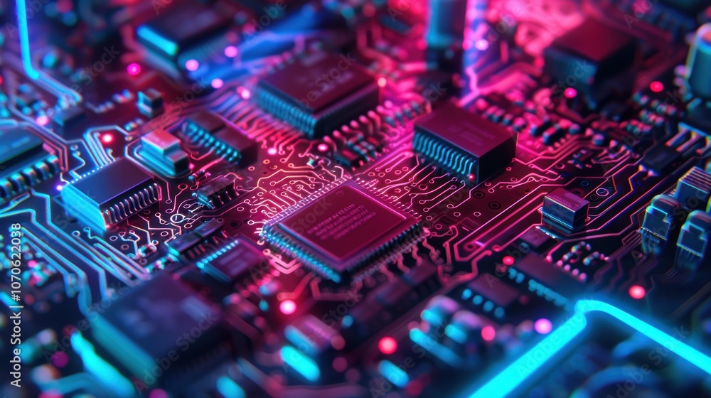 Poster futuristic engineering and technology concepts featuring cybersecurity, hardware, and neon circuit b