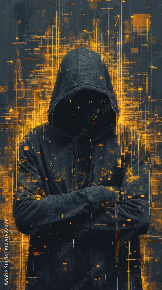 Poster a hooded figure stands against a backdrop of abstract golden lines, creating an aura of mystery and 