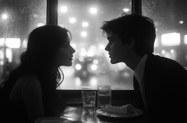 A black-and-white photograph of a couple sitting at a table, facing each other in profile with their lips almost touching. 