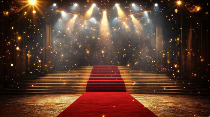 A glamorous theater stage illustration with a red carpet, gold accents, and bright spotlights. This luxurious scene is perfect for showcasing a prestigious event or award ceremony.