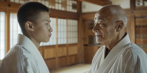Obraz premium Martial arts training with men practicing aikido techniques and discipline for self-defense and combat skills