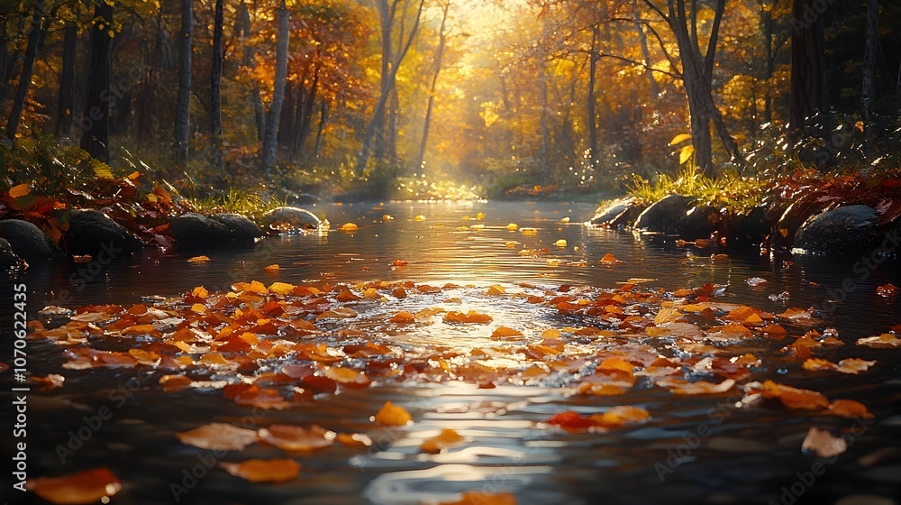 Poster peaceful autumn scene with a small stream flowing through a forest the surface dotted with fallen le