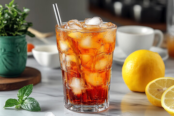 Eco-Friendly Dining and Sustainable Lifestyle Choices: Refreshing Iced Tea with Stainless Steel Straw