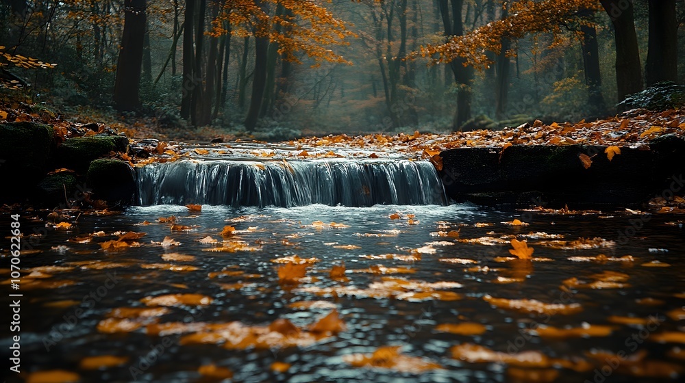 Poster tranquil autumn stream with fallen leaves floating on the surface surrounded by vibrant autumn color