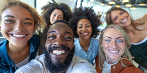 Employees smiling for a selfie or profile picture at the office, capturing a happy moment together for social media or a vlog