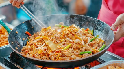 Chef preparing Pad Thai in a sizzling wok, vibrant street food scene, bustling night market atmosphere, Kuala Lumpur, Malaysia, aromatic ingredients and lively crowd interactions