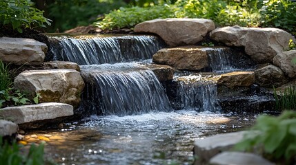 Picturesque Scene of a Small Stream Cascading Over Rocks Creating Enchanting Waterfalls With Sunlight Glistening and Reflecting on the Water s Surface in a Serene Natural Setting