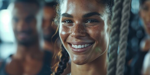 Fitness group portrait during a workout session featuring individuals engaged in rope training with a positive trainer, showcasing strength and dedication in a gym environment