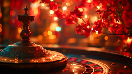 A vibrant 3D render of a casino roulette wheel on chinese new year vibes background