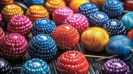 Obraz premium Colorful beads and thread on a wooden table, a close up.