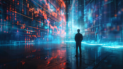 Silhouette of a man standing in a high-tech digital environment surrounded by illuminated data, charts, and glowing lines, representing technology and analytics