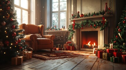 Cozy Christmas Living Room with Fireplace and Decorated Trees