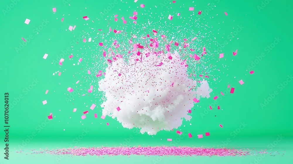 Poster vibrant confetti burst on lush green backdrop, a dynamic display of colors creating a festive atmosp