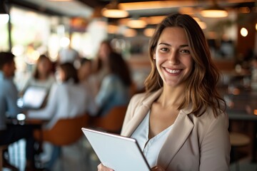 Portrait of a confident female CEO using a tablet, leading a successful team in an office setting, showcasing leadership, vision, and a positive corporate atmosphere