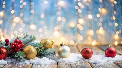 christmas background with christmas tree and decorations, fir branches and garland on rustic table, New Year decorations background with copy space