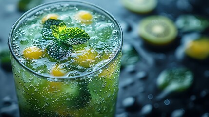 A refreshing drink with mint, bubbles, and fruit pieces, set against a dark background.