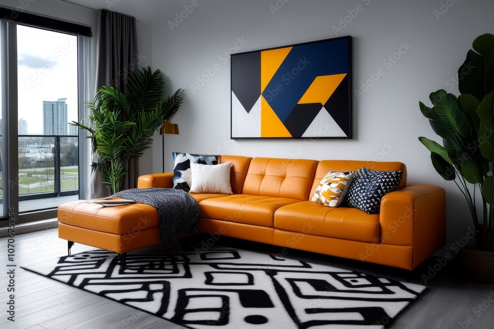 Poster A minimalist abstract painting with simple geometric shapes in primary colors on a white background, creating a clean, modern look