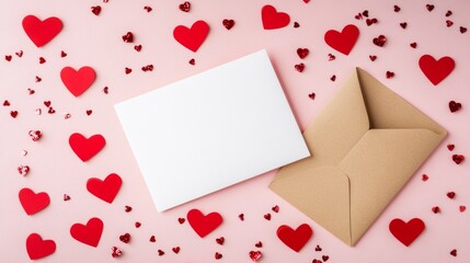 blank letter next to an envelope on a pink background with hearts. valentine's day concept