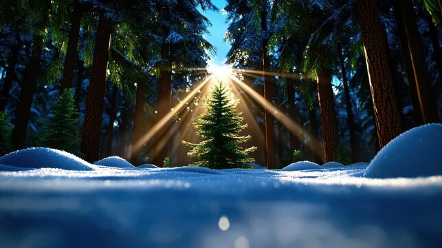 A serene winter scene featuring a snow-covered forest with sunlight filtering through tall trees, illuminating a single evergreen.