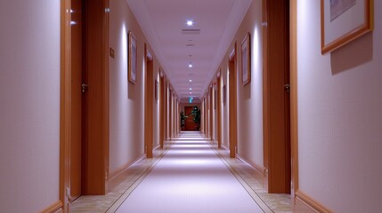 Endless Corridor Ambiance, a vast hotel hallway stretching into infinity, illuminated by soft ambient light, creating a serene and inviting atmosphere, perfect for exploration and reflection