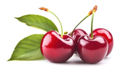 Fresh Red Cherries with Green Leaves