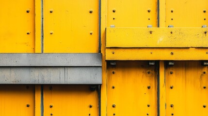 A close-up of a textured yellow wall with metal accents and bolts, showcasing industrial design.