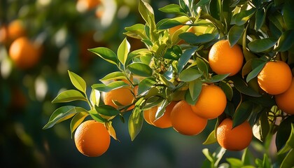 Ripe oranges hang from the branches of a citrus tree in a summer orchard