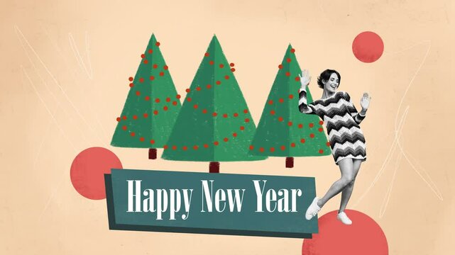 Motion collage video of happy girl dance new year tree forest decor enjoy xmas celebration event tradition 