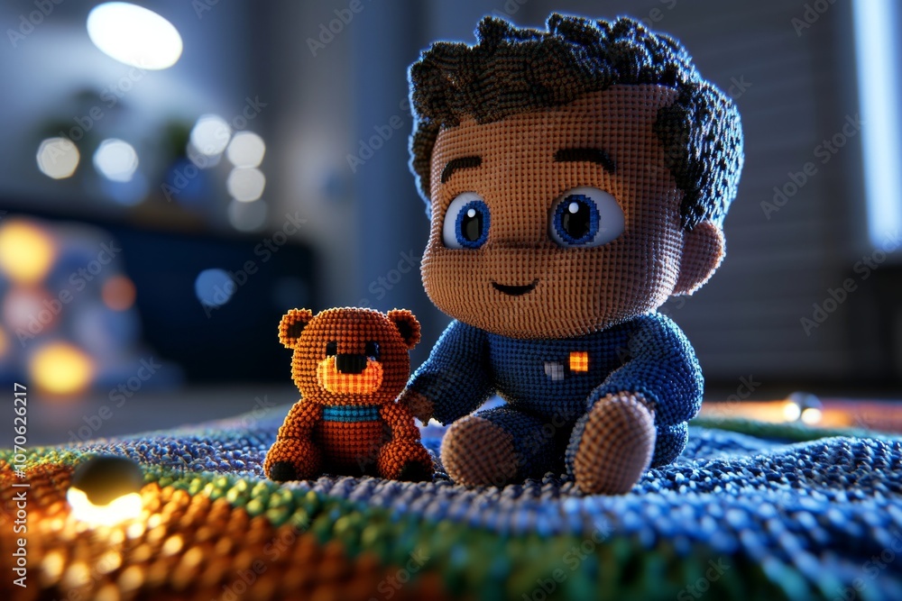 Poster a pixel art baby in a cute onesie, sitting on a colorful blanket with a tiny pixelated teddy bear, s