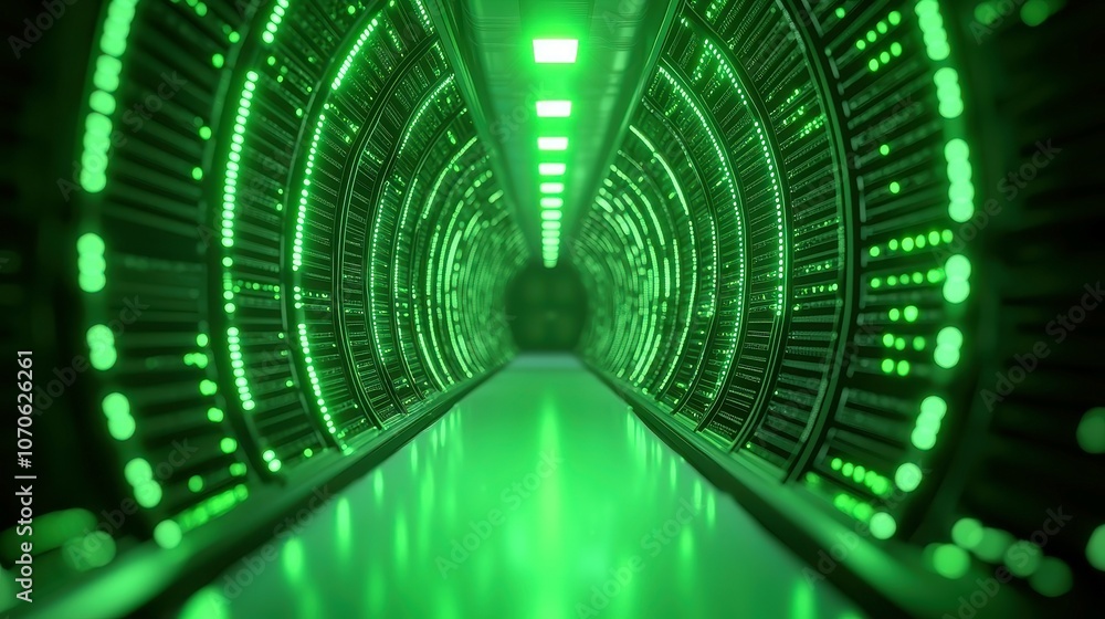 Poster futuristic data center animation, exploring a vibrant network grid with pulsating lights amidst slee