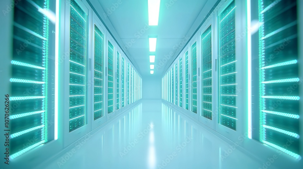Poster futuristic data center with dynamic light patterns, navigating an expanding network grid, abstract d