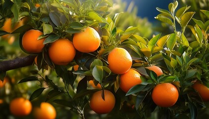 Ripe oranges hang from the branches of a citrus tree in a summer orchard