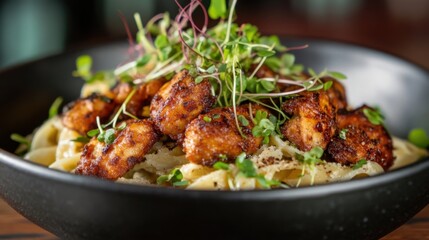 A bowl of al dente linguine pasta with crispy fried chicken liver pieces, garnished with microgreens, with a dark background for contrast