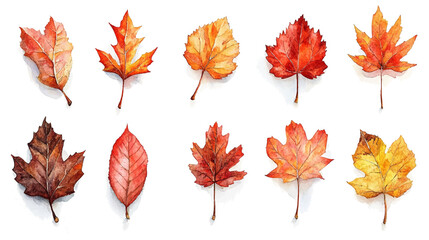 Beautiful a collection of watercolor autumn leaves, including maple, oak, and birch, in shades of red, orange, and yellow vector illustration.