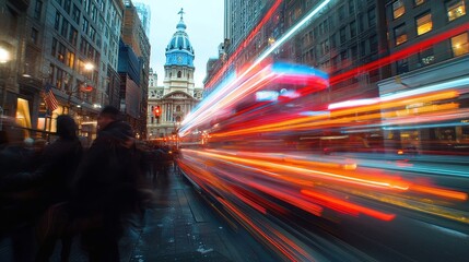 Philadelphia cityscape, vibrant downtown time lapse showcasing City Hall, bustling streets, architectural beauty, dynamic urban life, energy of the city captured over time