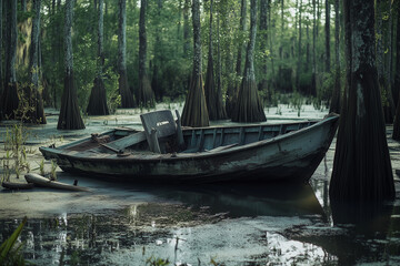 Obraz premium Selective empty old wooden boat in the swamp, Fisherman boat on wetland.
