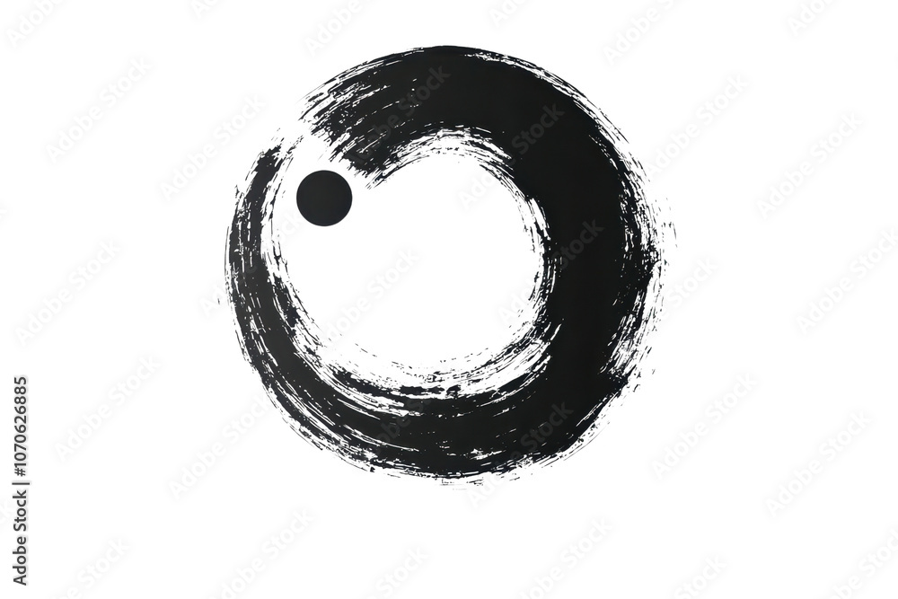 Poster a circular brushstroke forming an incomplete loop, with a small dot inside, conveying simplicity and