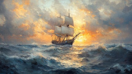 Obraz premium Majestic Sailing Ship at Sunset
