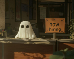 Ghost at Office Desk with Now Hiring Sign, Ghost Jobs, Fake Job Listings 