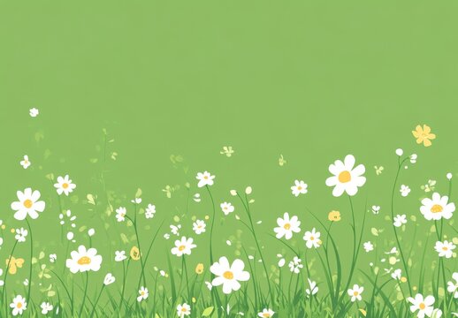 Green Background with Small Flowers and Grass, Simple Flat Illustration Style