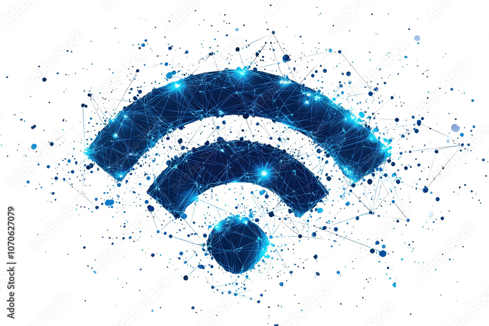 Poster a glowing wi-fi symbol made of interconnected dots and lines, representing connectivity and technolo