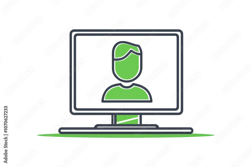 Poster a green figure appears on a computer screen, representing a digital persona or user in a virtual env