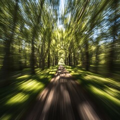 Obraz premium A serene wooded path illuminated by sunlight, with trees creating a natural tunnel effect.