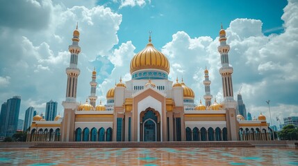 Golden Domed Mosque with Blue Sky