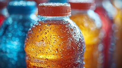 A close-up of colorful, condensation-covered beverage bottles, showcasing refreshing sports drinks in vibrant hues.