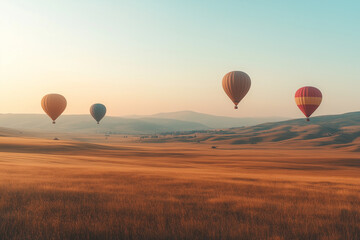 Fototapeta premium Landscape view of meadow land with balloon on the sky, Aerial view of floating balloon in the sky with mountain range view.