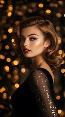 Fototapeta premium A beautiful woman with a vintage hairstyle and glamorous makeup stands in front of an elegant backdrop adorned with golden lights