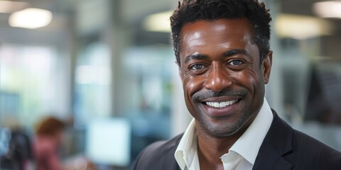 Obraz premium Confident portrait of a businessman in a meeting, showcasing vision for success and company growth. Smiling manager in a professional environment
